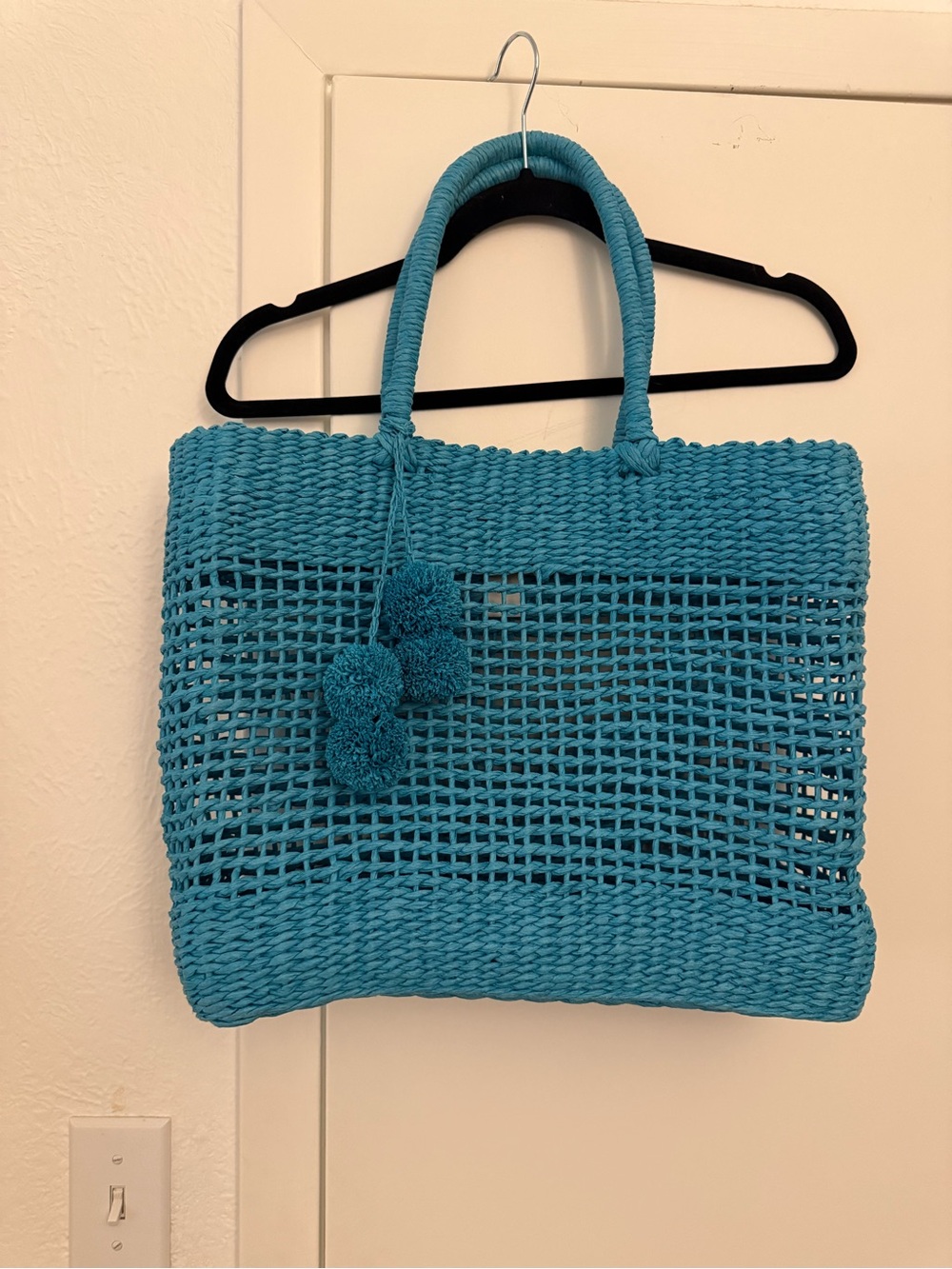 Turquoise Woven Pom-Pom Tote